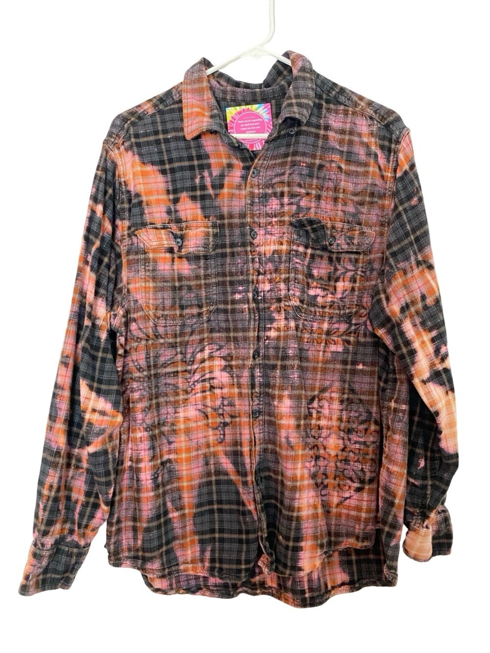 OOAK Custom Flannel Shirt Mens Size Large Unisex Black Upcycled Handmade Pink